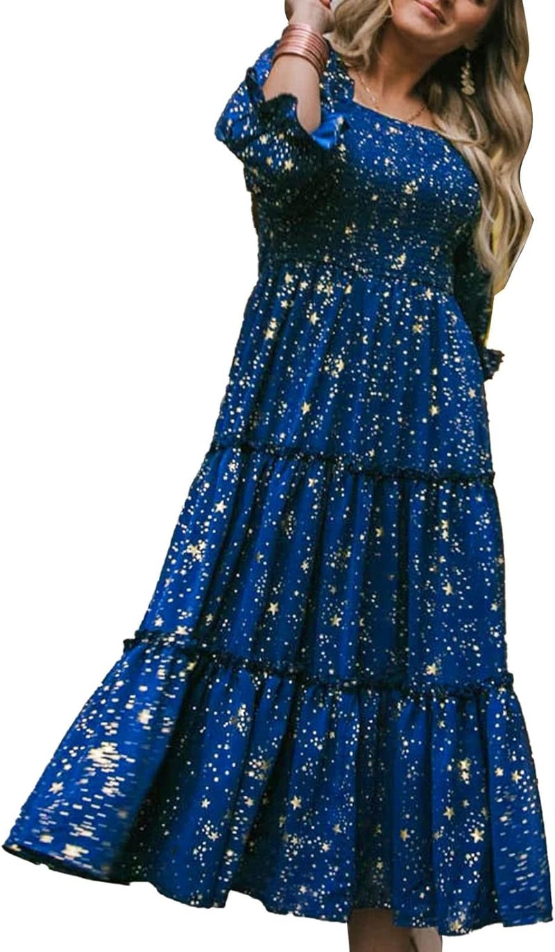 klarako Women Floral Print Long Dress Square Neck Half Sleeve Smocked Midi Dress Casual Pleated Loose Swing Beach Party Dress(XL-FQOM002) - Image 1