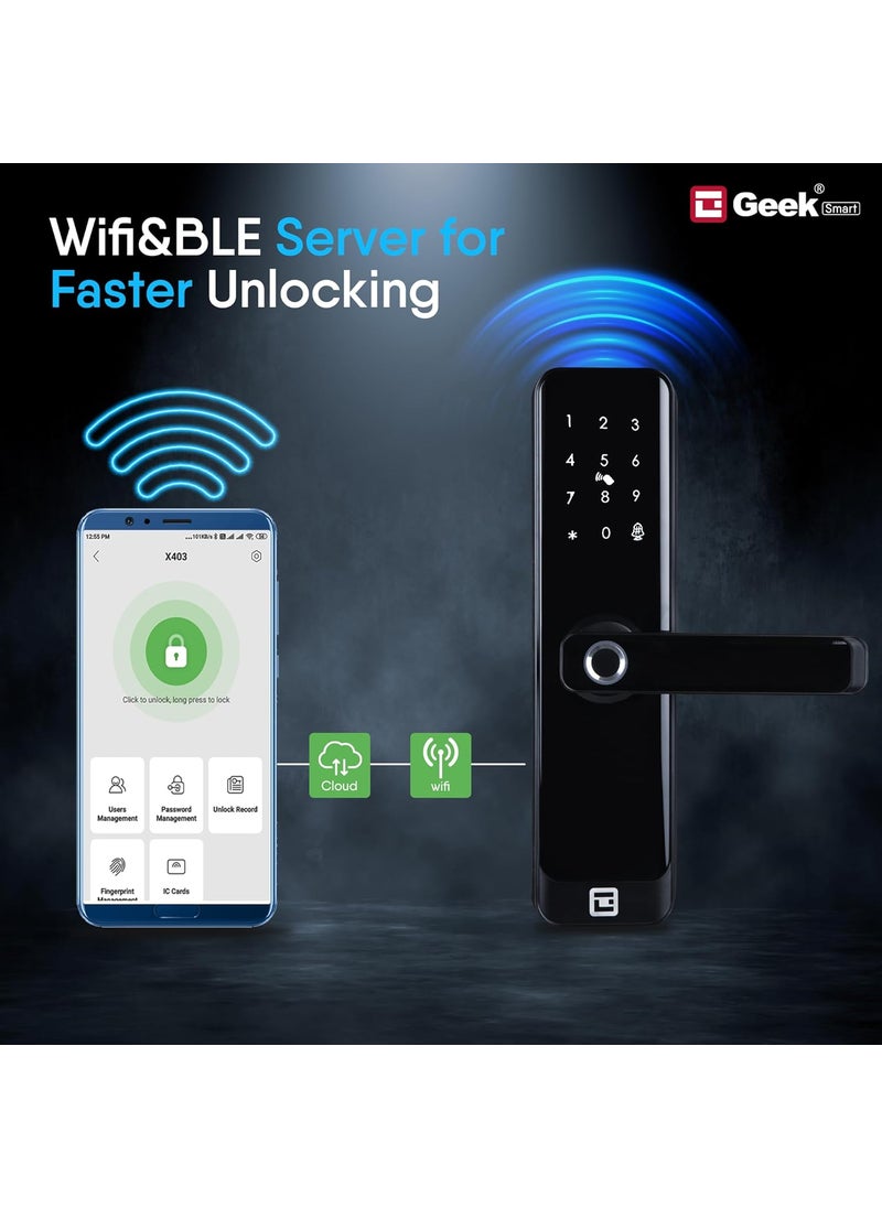 Geek - Geek Smart Lock A270 Smart Digital Door Lock with WiFi connectivity5in1 Remote Unlocking Using Mobile App Biometric Fingerprint Access RFID Card Passcode OTP Black - Image 1