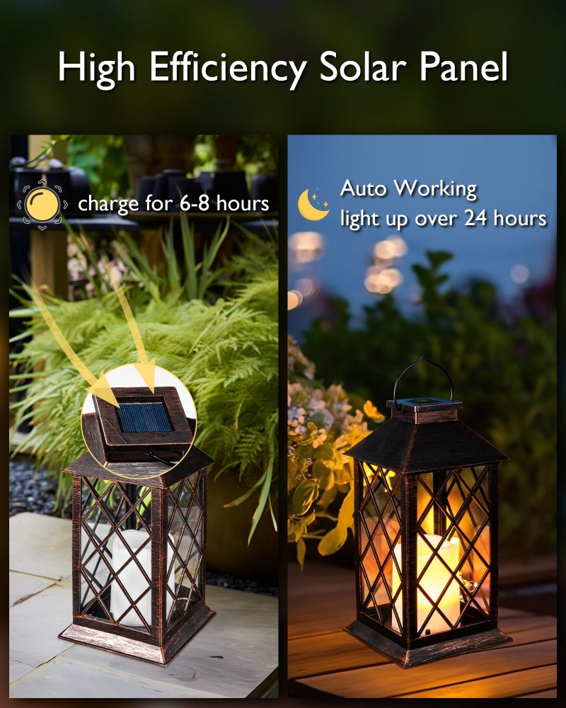 Homemory Solar Lanterns Outdoor Waterproof Hanging with Flickering Flameless Candles, 2 Pack 13'' Garden Outdoor Lantern Decorative for Patio Front Porch Backyard Balcony Cabin Outside(Antique Copper) - Image 4