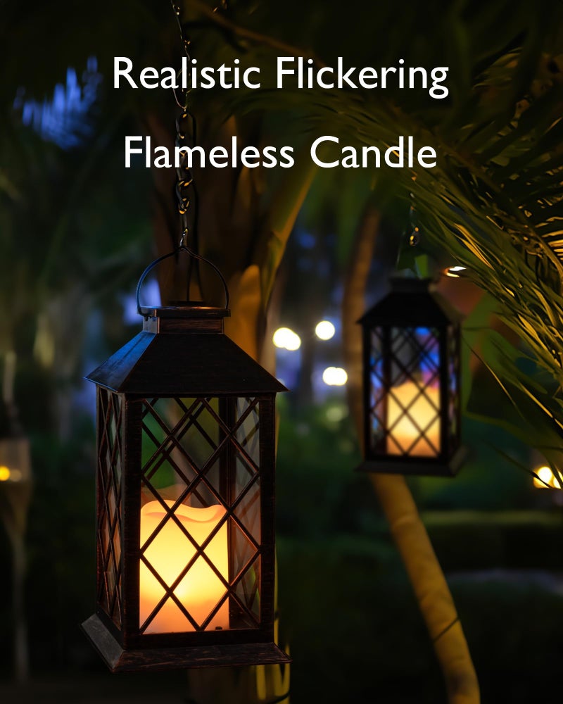 Homemory Solar Lanterns Outdoor Waterproof Hanging with Flickering Flameless Candles, 2 Pack 13'' Garden Outdoor Lantern Decorative for Patio Front Porch Backyard Balcony Cabin Outside(Antique Copper) - Image 2