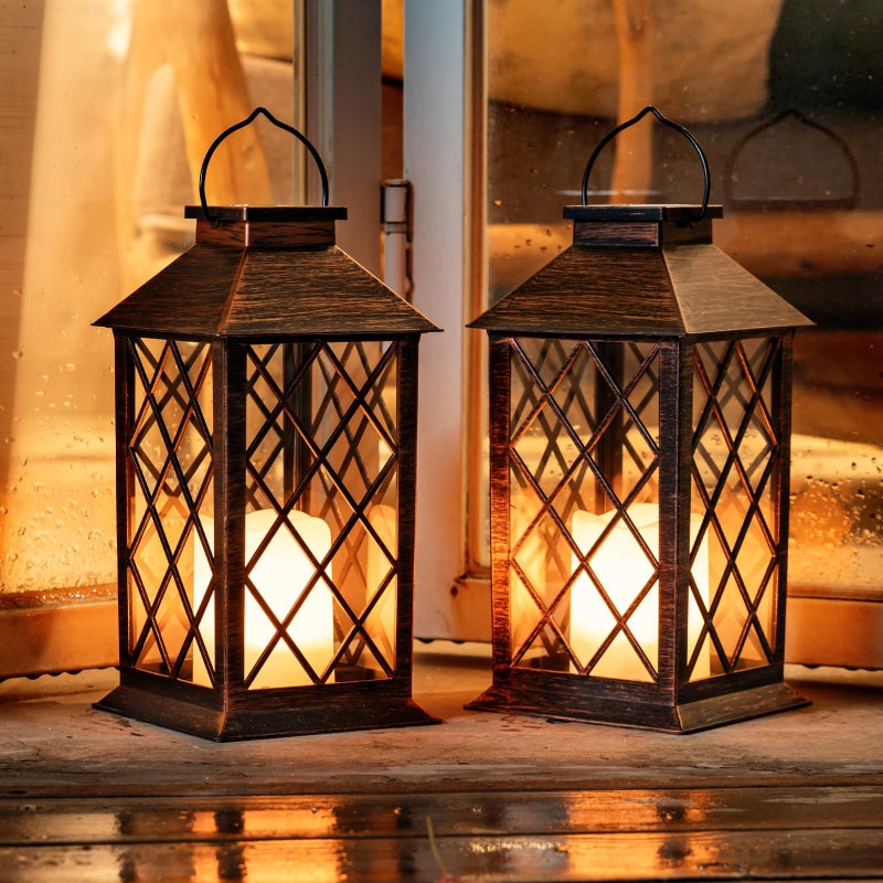Homemory Solar Lanterns Outdoor Waterproof Hanging with Flickering Flameless Candles, 2 Pack 13'' Garden Outdoor Lantern Decorative for Patio Front Porch Backyard Balcony Cabin Outside(Antique Copper) - Image 1