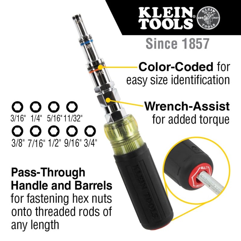Klein Tools 328091 9-in-1 Multi-Nut Driver Tool, Pass Through Driver with SAE Hex Nut Sizes from 3/16 to 3/4-Inch and Cushion-Grip Handle - Image 2