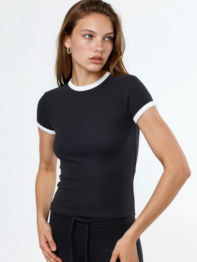 BUSEM Ribbed Crew Neck Short Sleeve T-Shirt - Image 2