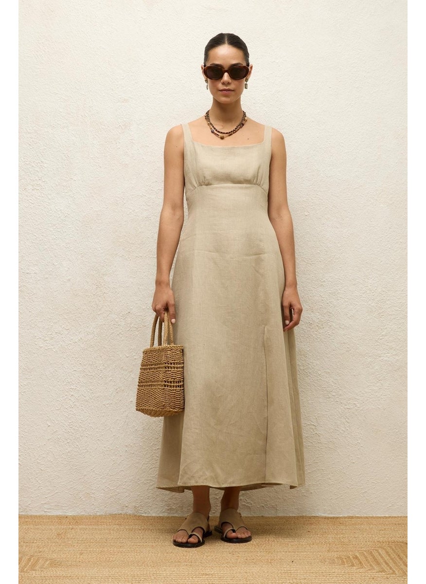 Manuka - Linen Dress with Slit Sand - Image 1