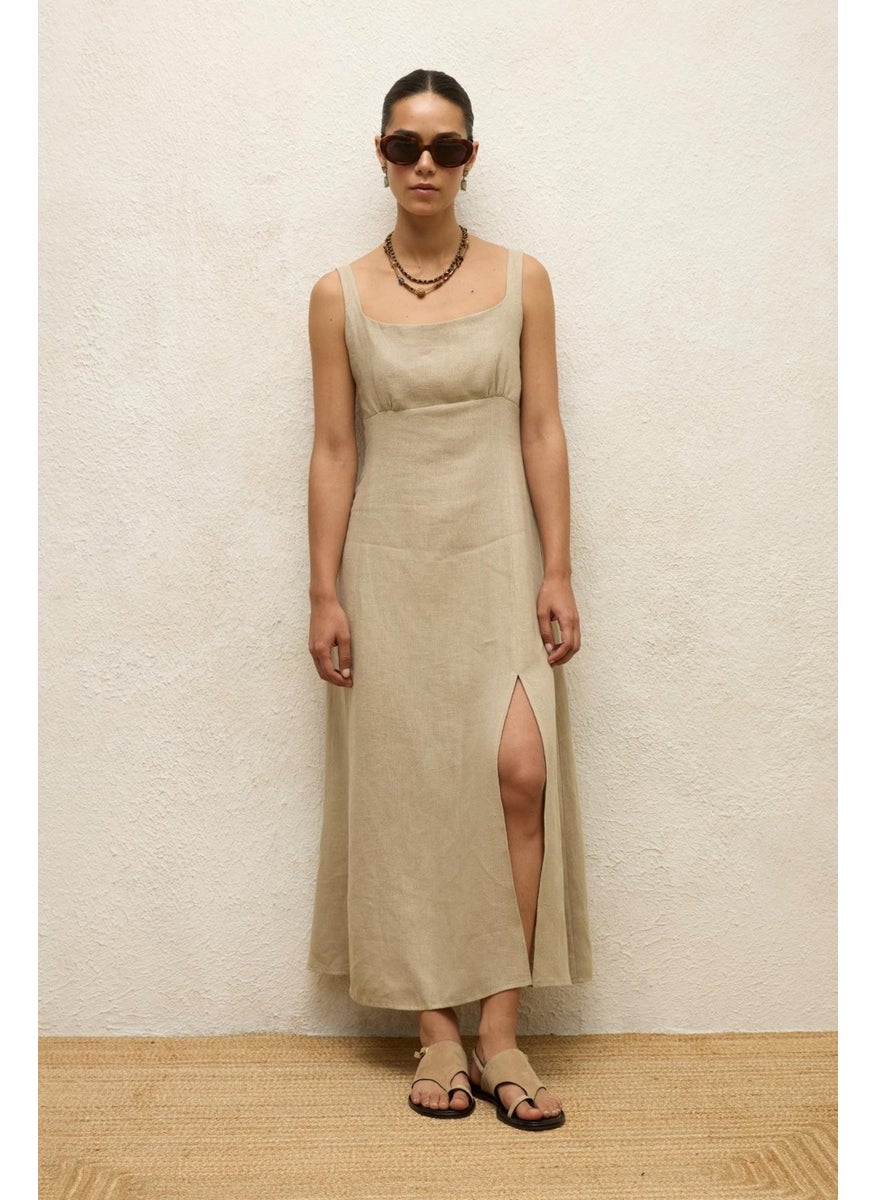 Manuka - Linen Dress with Slit Sand - Image 1