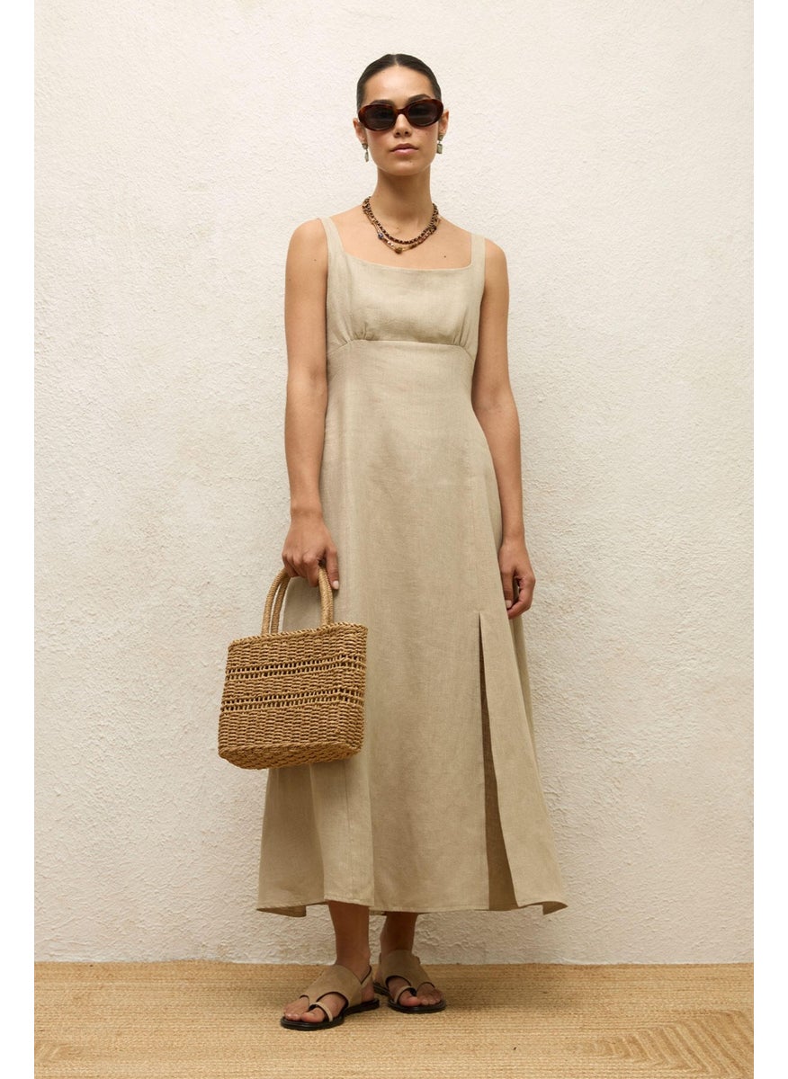 Manuka - Linen Dress with Slit Sand - Image 1