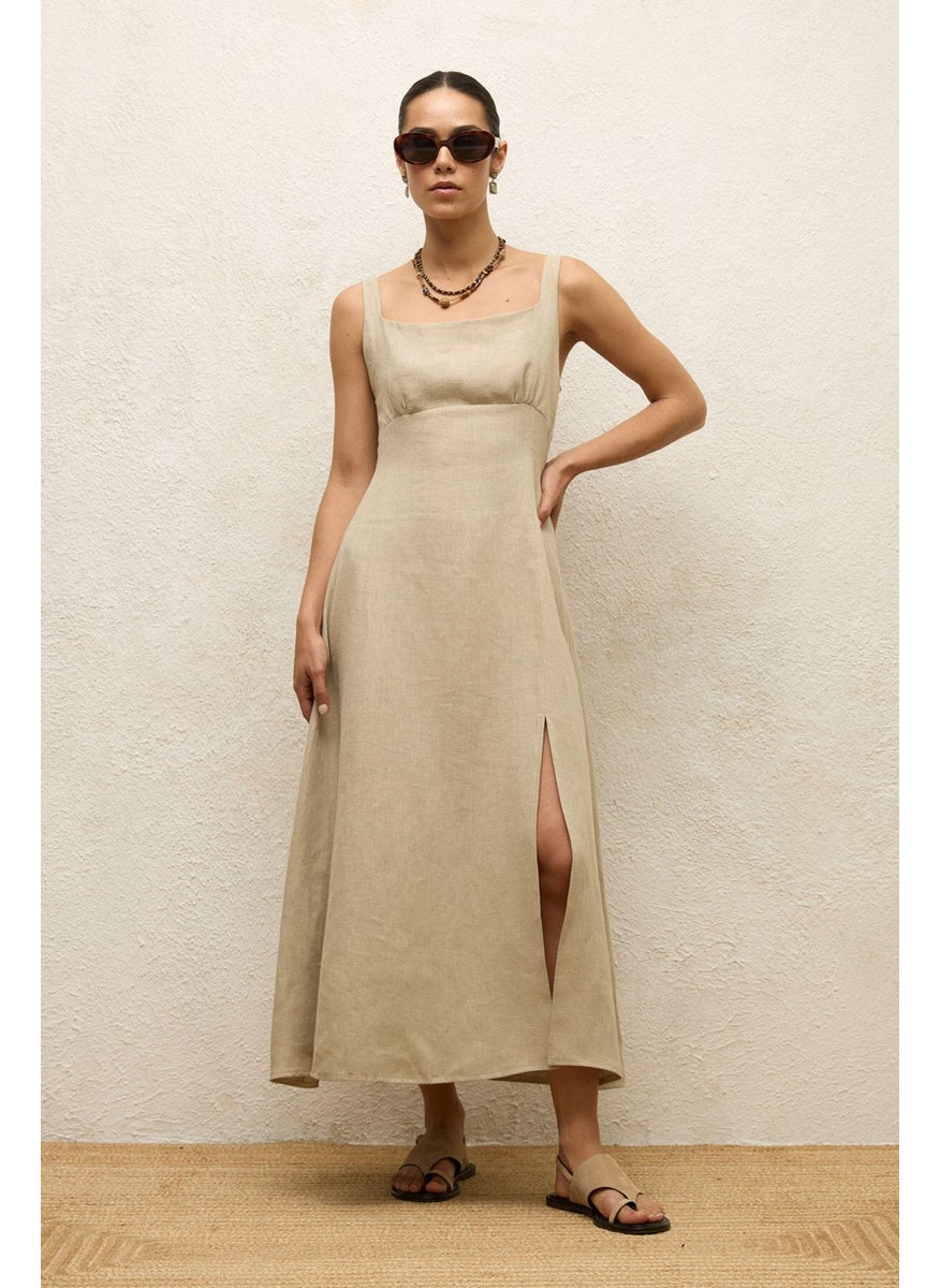 Manuka - Linen Dress with Slit Sand - Image 1