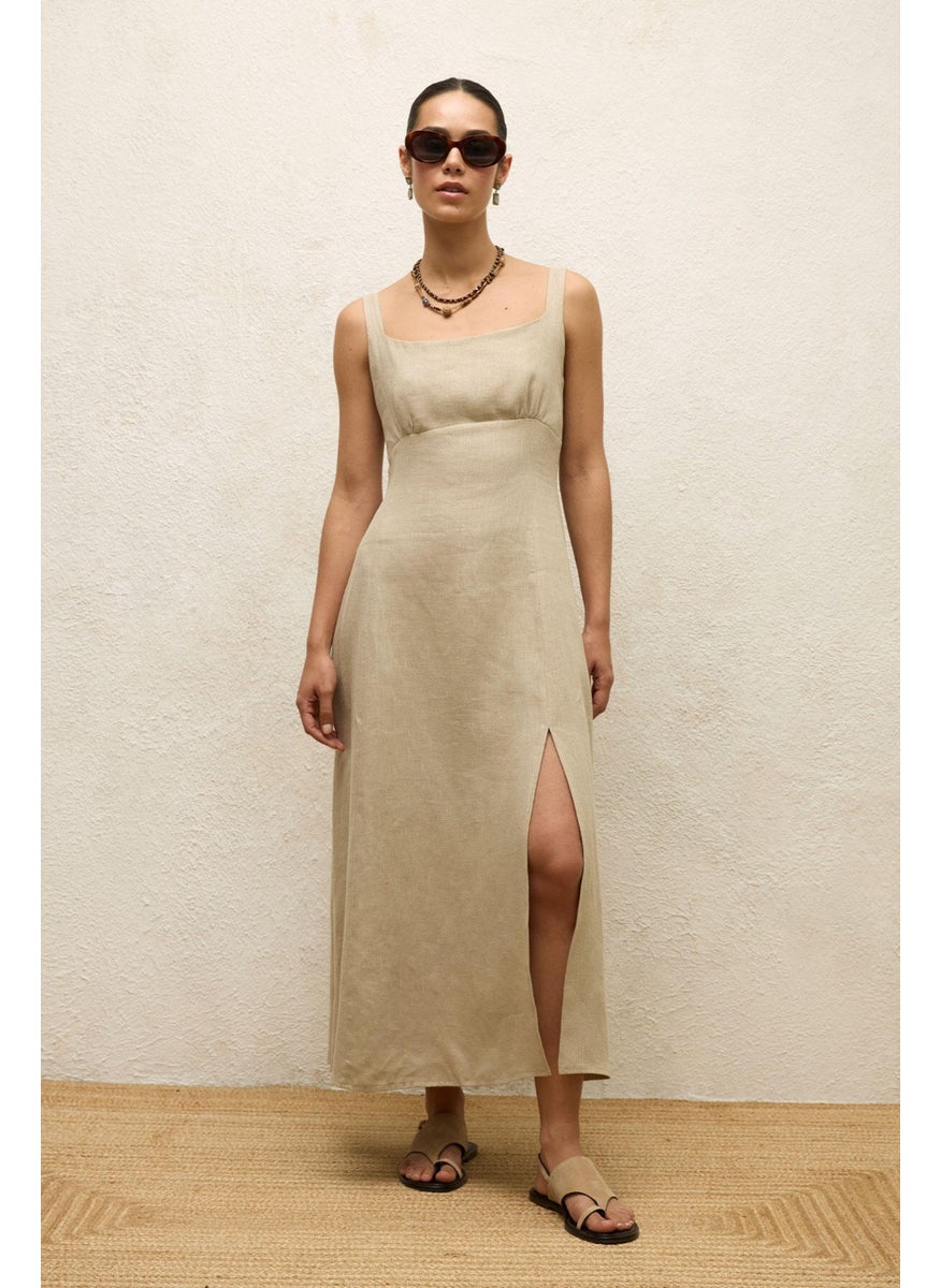 Manuka - Linen Dress with Slit Sand - Image 1