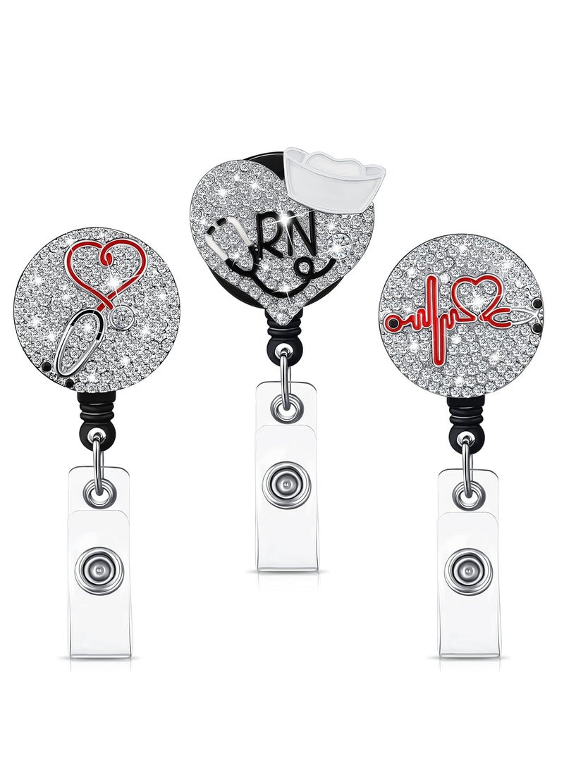 Mmmon 3 Pieces Nurse Badge Reel Retractable Nursing Badge Holder Bling Rhinestone ID Badge Holder with Clip Diamond Heart Badge Clip for School Hospital Nurse Doctor  - Image 1