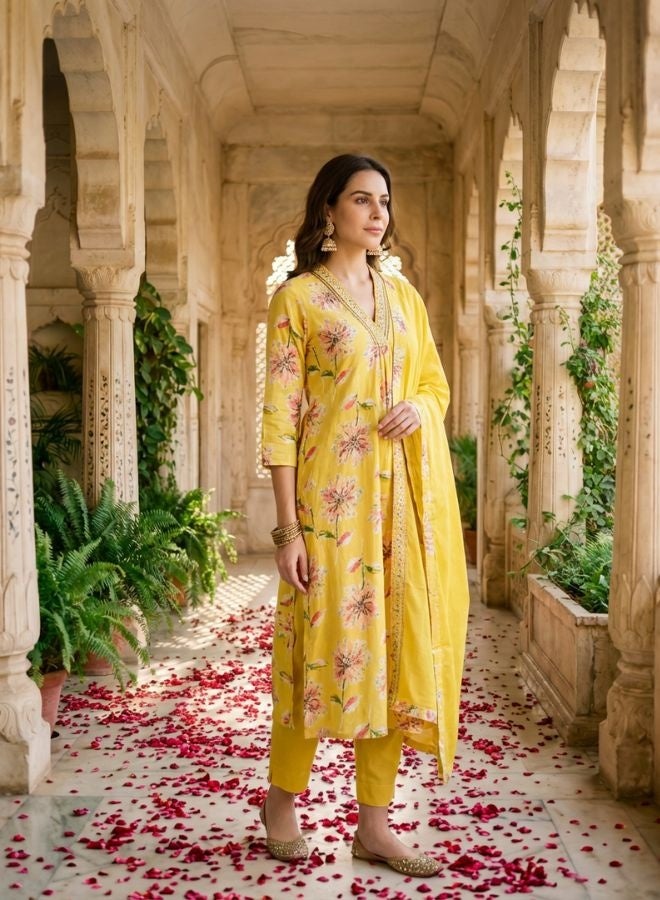 Yuris Women Yellow Floral Print Kurta Set With Bottom & Dupatta - Image 4