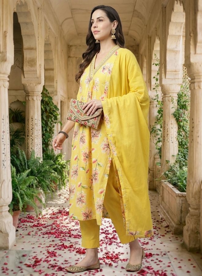 Yuris Women Yellow Floral Print Kurta Set With Bottom & Dupatta - Image 3