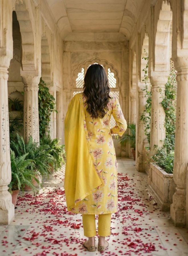 Yuris Women Yellow Floral Print Kurta Set With Bottom & Dupatta - Image 5