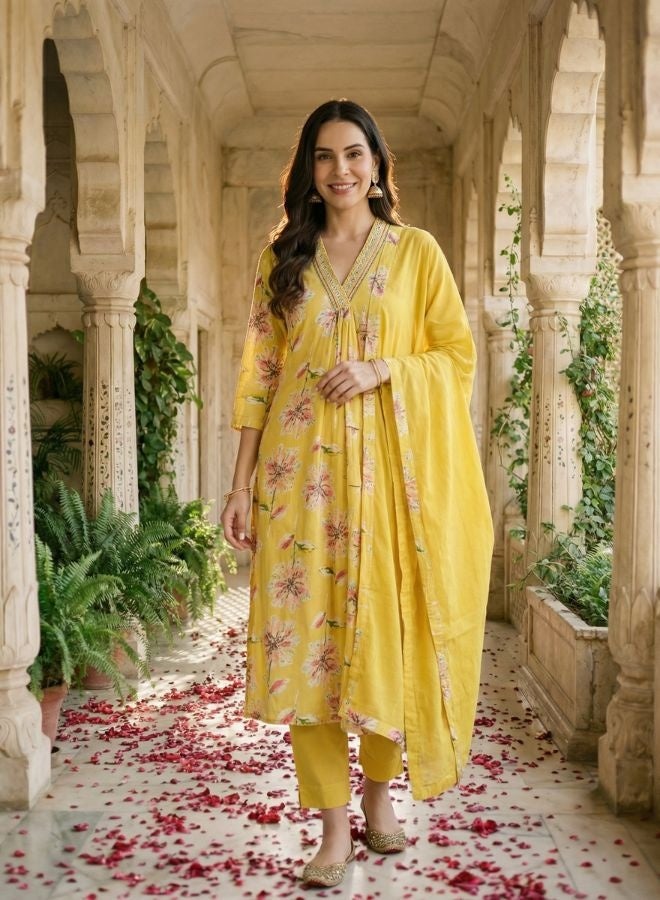 Yuris Women Yellow Floral Print Kurta Set With Bottom & Dupatta - Image 1
