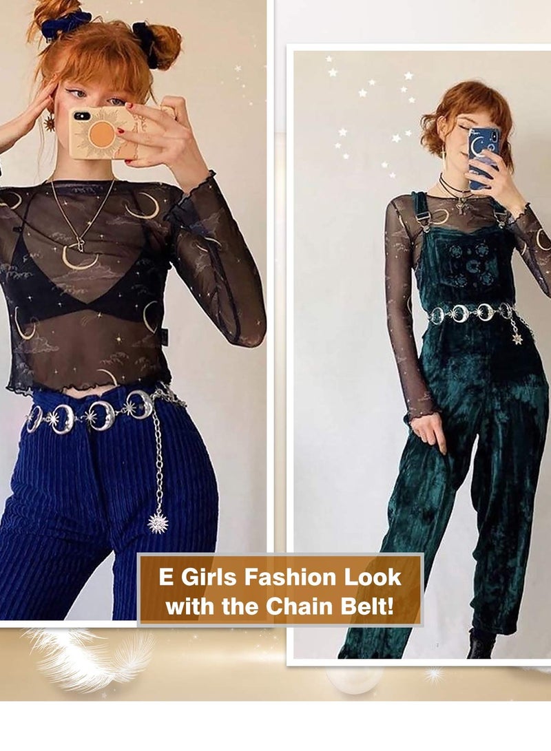 SOLARAE Women's Silver Metal Link Moon Star Body Chain Belt Ladies Waist Chain Belt for Jeans Dress - Image 2