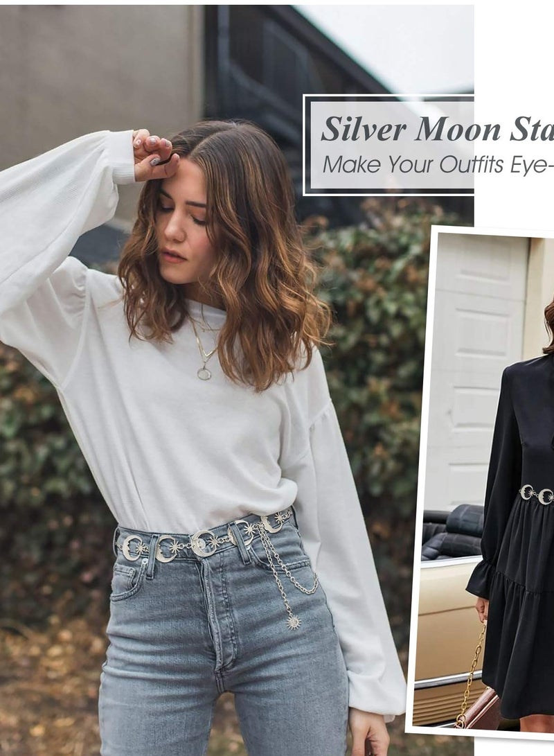 SOLARAE Women's Silver Metal Link Moon Star Body Chain Belt Ladies Waist Chain Belt for Jeans Dress - Image 4