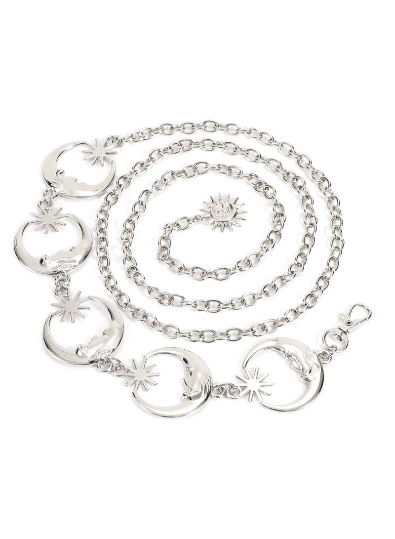 SOLARAE Women's Silver Metal Link Moon Star Body Chain Belt Ladies Waist Chain Belt for Jeans Dress - Image 1