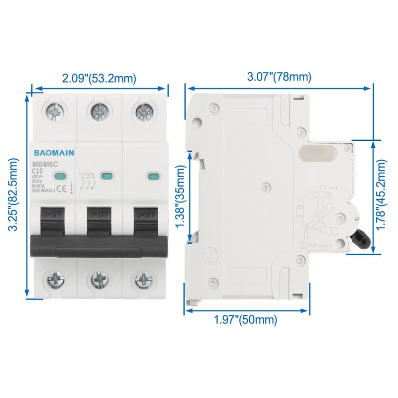 Baomain Miniature Circuit Breaker 3-Pole 16A DZ47-63 C16 400VAC, DIN Rail Mount MCB 3P, for Electrical Distribution and Lighting Circuits - Image 5