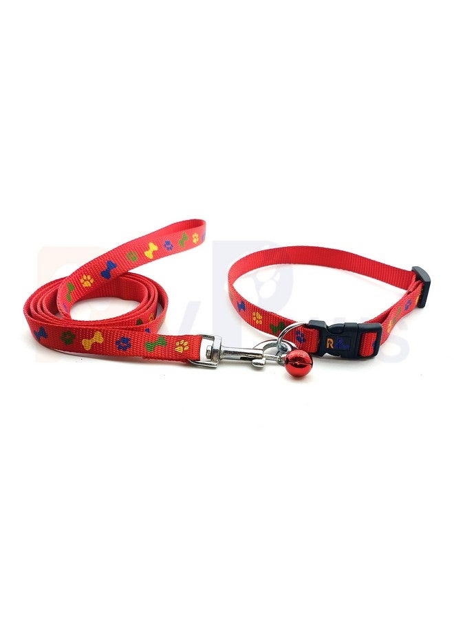 15 Mm Nylon Collar And Leash Set Puppy Printed With Bell, Adjustable Buckle Collar With Leash Set Ideal For Training/Walking Puppies And Small Dogs (Red) - Image 4