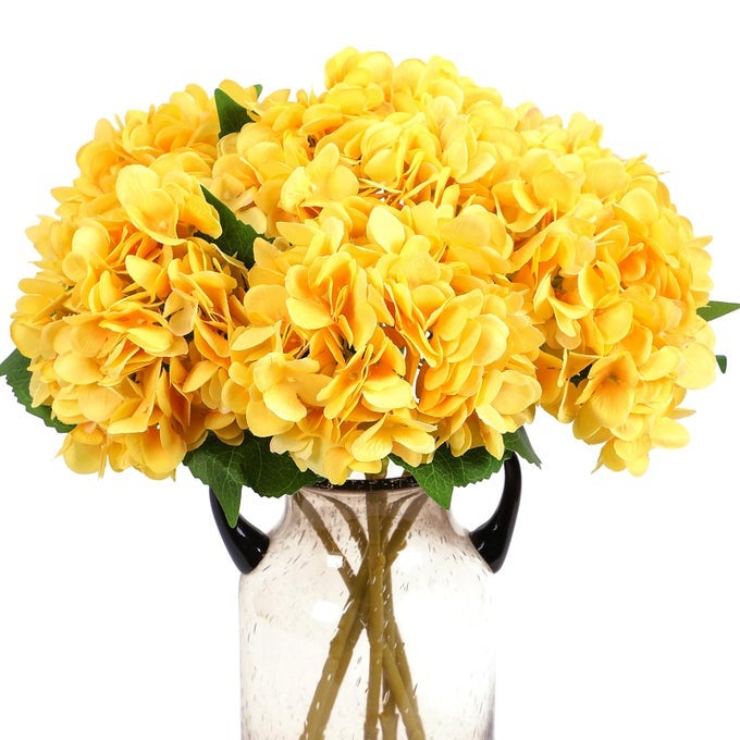 KIMURAS CABIN 6PCS YELLOW FAKE FLOWERS FAUX HYDRANGEA FLOWER ARTIFICIAL SILK HYDRANGEAS BOUQUETS WITH STEMS FOR HOME WEDDING BABY SHOWER BIRTHDAY PARTY FESTIVE DECORATION YELLOW
