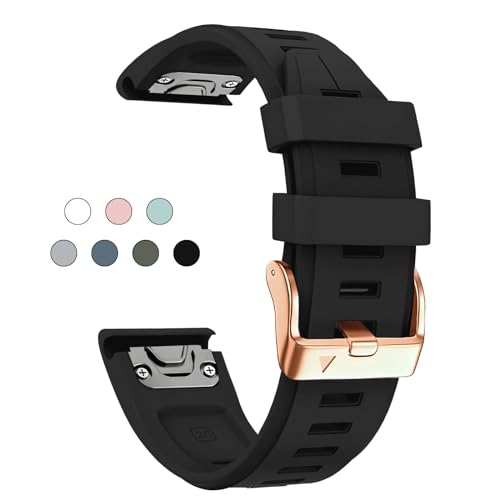 OUTVI 20mm Watch Band for Garmin fenix 6s 5s 7s pro epix pro gen 2 42mm Descent Mk2s Mk3 Mk3i soft silicone quick fit 20 bands with Rose Gold buckle for women Black - Image 1