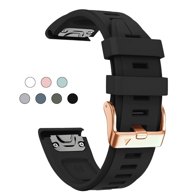 OUTVI 20mm Watch Band for Garmin fenix 6s 5s 7s pro epix pro gen 2 42mm Descent Mk2s Mk3 Mk3i soft silicone quick fit 20 bands with Rose Gold buckle for women Black - Image 2
