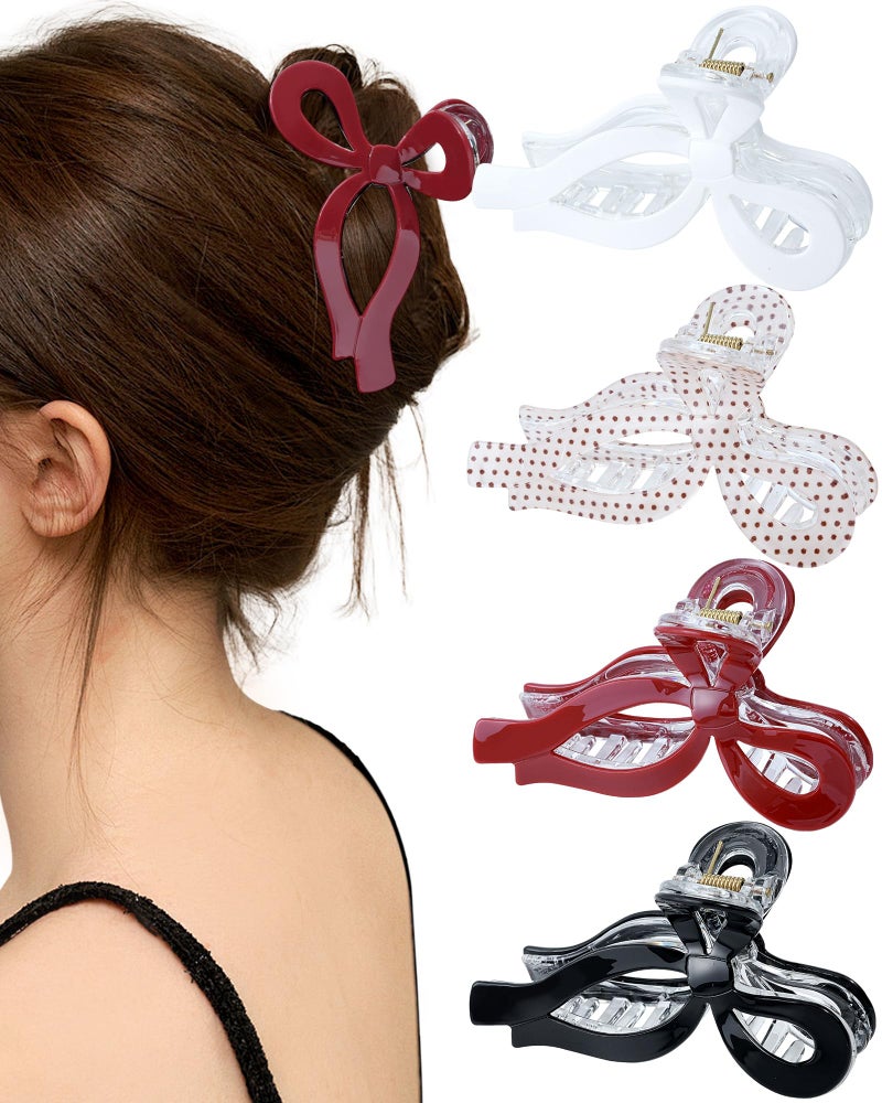 Mesovor 4 Pack Bow Hair Claw Clips for Women, Nonslip 4.3" Large Hair Grip Clawclips for Thin and Thick | Bowknot Hair Strong Hold Hair Jaw Clamps Gifts (Black, Burgundy, White, Red Polka Dots) - Image 1