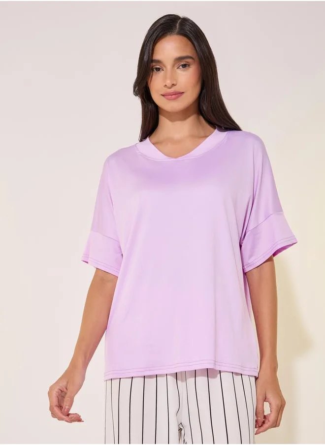 Styli Solid V-Neck T-Shirt and Striped Pyjama Set