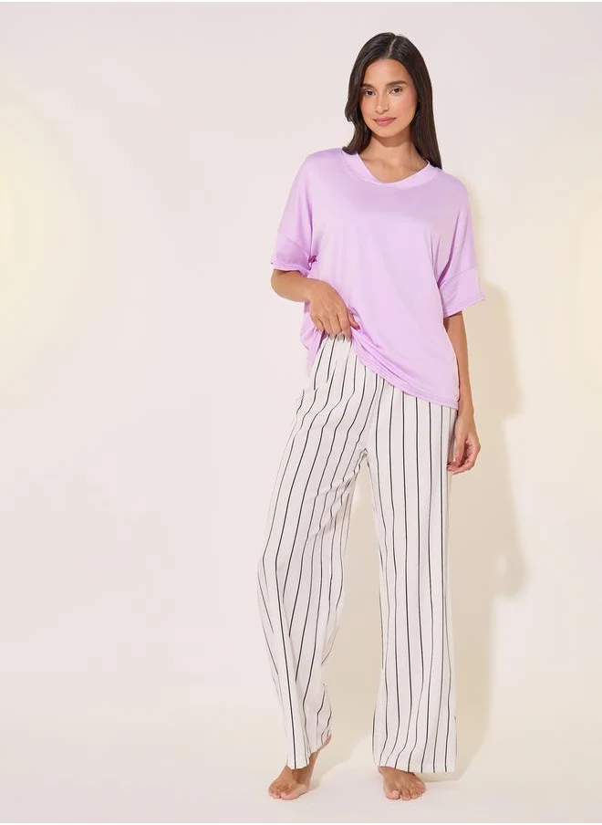 Styli Solid V-Neck T-Shirt and Striped Pyjama Set