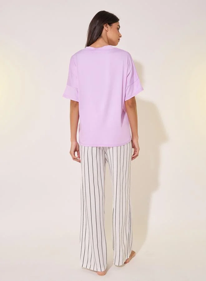 Take Two Solid V-Neck T-Shirt and Striped Pyjama Set