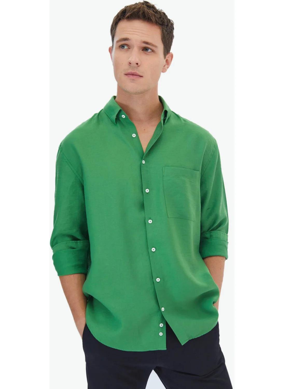 Kip Green Plain Oversize Fit Woven Casual Shirt