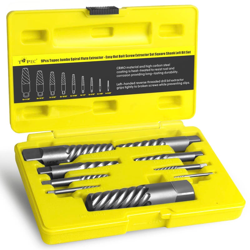 Topec 9 Piece Jumbo Spiral Flute Extractor -Easy Out Bolt Screw Extractor Set Square Shank Reverse Bit Set for Removing Broken Screws  Bolts  and Studs with Reverse Drill Bit Extractor Set - Image 1