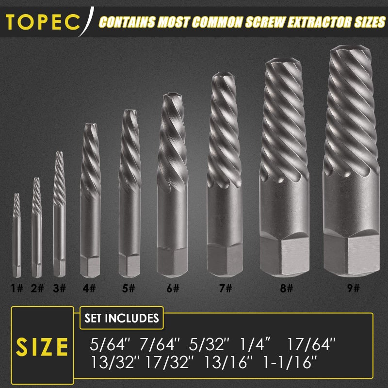 Topec 9 Piece Jumbo Spiral Flute Extractor -Easy Out Bolt Screw Extractor Set Square Shank Reverse Bit Set for Removing Broken Screws  Bolts  and Studs with Reverse Drill Bit Extractor Set - Image 2