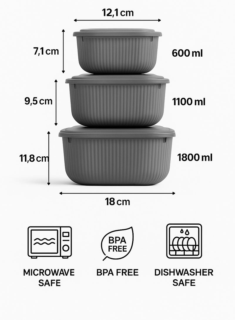 طقم علب حفظ طعام 3 قطع بغطاء محكم الإغلاق بخطوط مربعة – أوعية محكمة الغلق خالية من مادة BPA (600 مل، 1100 مل، 1800 مل) آمنة للاستخدام في الميكروويف فقط (من دون الغطاء). رملدي - Image 5