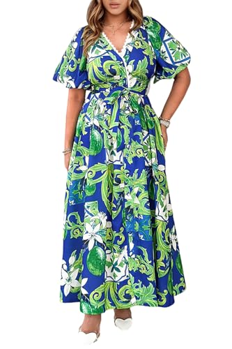 Maxigerui Women's Summer Floral Maxi Dress Spring Wedding Guest Dress 2026 Belted Blue Green Floral L - Image 1