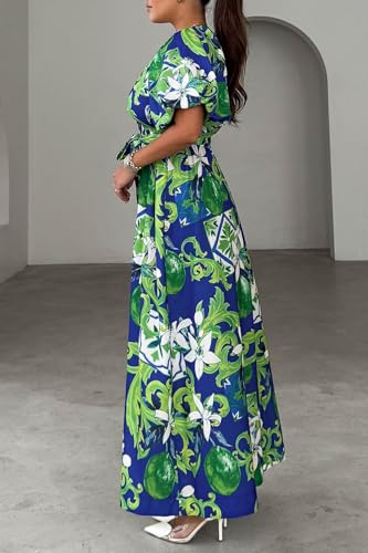 Maxigerui Women's Summer Floral Maxi Dress Spring Wedding Guest Dress 2026 Belted Blue Green Floral L - Image 4