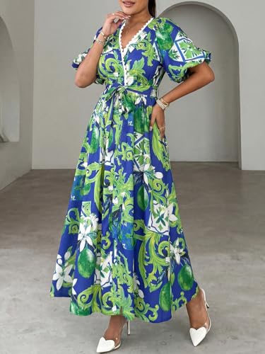 Maxigerui Women's Summer Floral Maxi Dress Spring Wedding Guest Dress 2026 Belted Blue Green Floral L - Image 3
