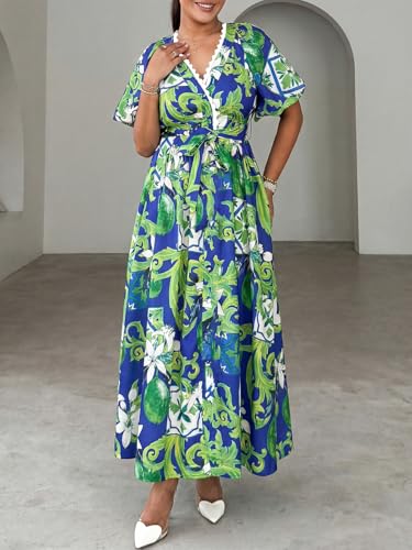 Maxigerui Women's Summer Floral Maxi Dress Spring Wedding Guest Dress 2026 Belted Blue Green Floral L - Image 2