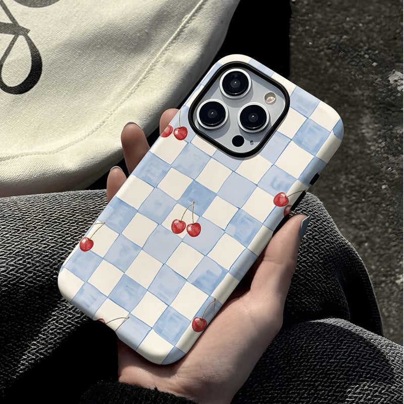 Phone Case For iPhone 12 Pro Max Mixed Color Cherry Blue And White Checkered Aesthetic Pattern Film Two In One Dual Protection Drop Proof Scratch Resistant Shatterproof Screen Protection - Image 2