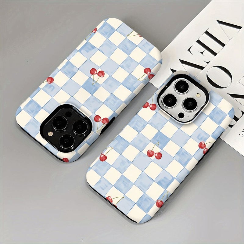 Phone Case For iPhone 12 Pro Max Mixed Color Cherry Blue And White Checkered Aesthetic Pattern Film Two In One Dual Protection Drop Proof Scratch Resistant Shatterproof Screen Protection - Image 3
