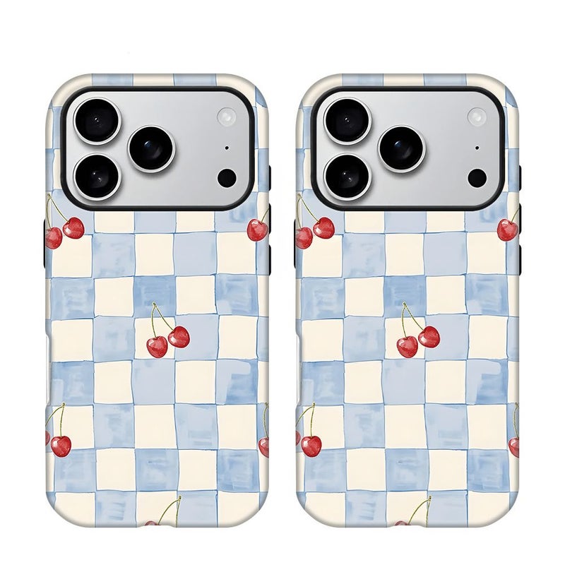 Phone Case For iPhone 12 Pro Max Mixed Color Cherry Blue And White Checkered Aesthetic Pattern Film Two In One Dual Protection Drop Proof Scratch Resistant Shatterproof Screen Protection - Image 5