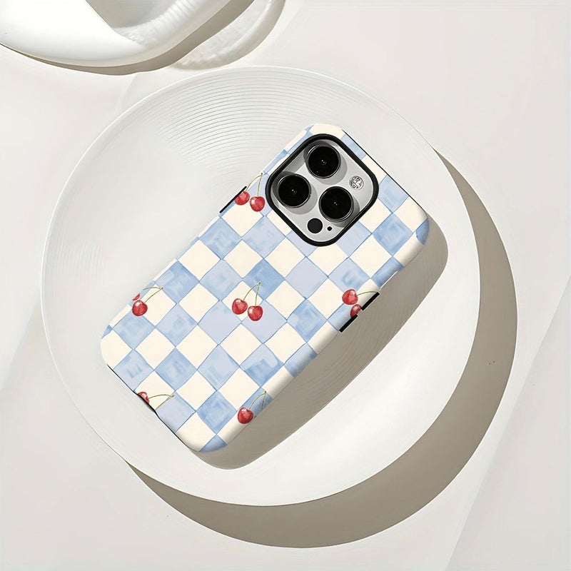 Phone Case For iPhone 12 Pro Max Mixed Color Cherry Blue And White Checkered Aesthetic Pattern Film Two In One Dual Protection Drop Proof Scratch Resistant Shatterproof Screen Protection - Image 4