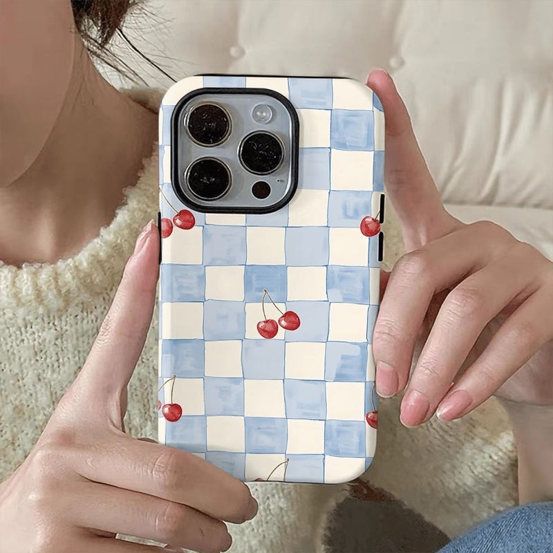 Phone Case For iPhone 12 Pro Max Mixed Color Cherry Blue And White Checkered Aesthetic Pattern Film Two In One Dual Protection Drop Proof Scratch Resistant Shatterproof Screen Protection - Image 1