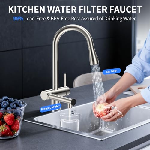 FEELSO Filter Kitchen Faucet, Stainless Steel Pull Down Sprayer, Reduces Lead Chlorine, High Arc 1 or 3 Hole Farmhouse Sink Faucet - Image 3