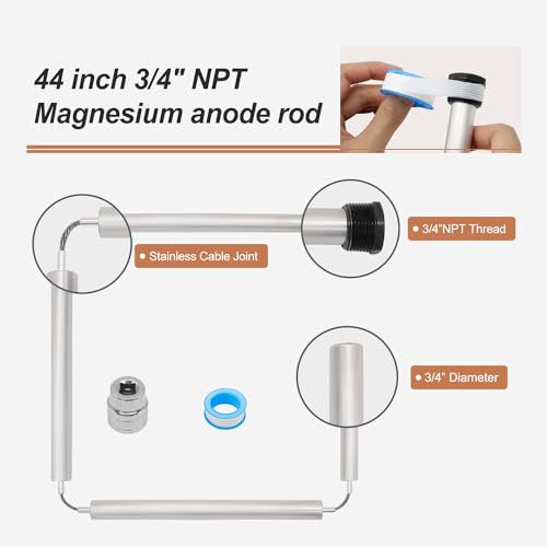 Powswopx Flexible Water Heater Magnesium Anode Rod 3/4" NPT Thread for Rheem GE, Rheem, Reliance, Richmond, Kenmore with 1-1/16" Hex Socket Tool and Teflon Tape (44 inch Flexible) - Image 4