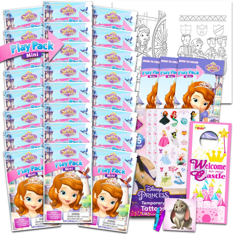Sofia The First Disney Sofia the First Birthday Party Favors Set - Bundle with 24 Sofia Play Packs | Mini Coloring Books, Stickers, Tattoos, Door Hanger for Goodie Bags (Disney Jr Sofia the First Party Supplies) - Image 1
