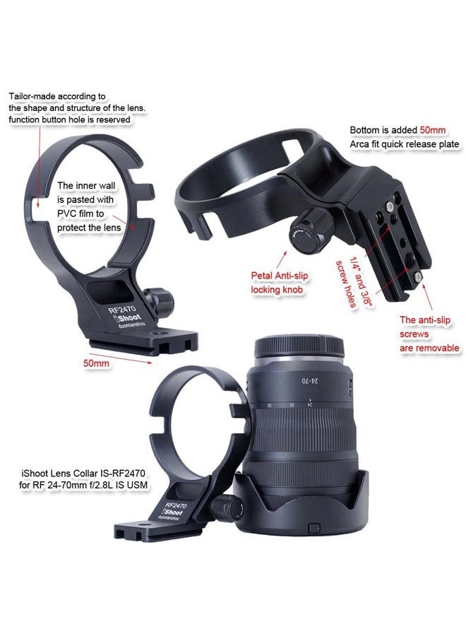 iShoot - CNC Metal Tripod Mount Ring Lens Collar Compatible with Canon RF 24-70mm F2.8L is USM, Lens Support Holder Bracket Bottom is Arca-Swiss Fit Quick Release Plate Dovetail Groove - Image 1