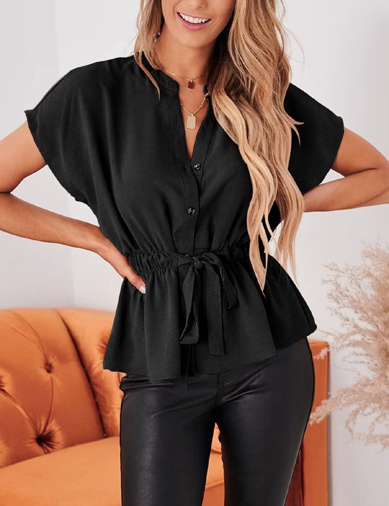 CiCiBird Womens Button Down Blouses Casual Peplum Summer Tops Dressy Chiffon Work Blouse Black - Image 4