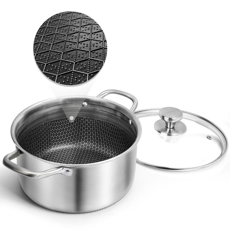 AuFranc Hybrid Nonstick 6 Quart Stainless Steel Stockpot with Glass Lid Induction Stock Pot with Honeycomb Carving Nonstick Soup Pot Compatible with All Cooktops NonToxic Dishwasher  Oven Safe