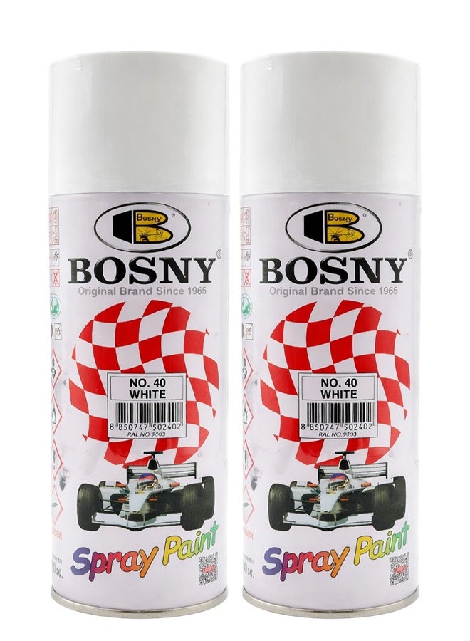 Bosny Combo 2 pcs Bosny No.40 White Spray Paint 400ml Aerosol Multi Surface High Gloss Spray Paint for Metal Wood Wall Glass Canvas Automotive Touch Up Quick Dry Durable White Paint for Furniture Home Interior Exterior DIY Projects - Image 1