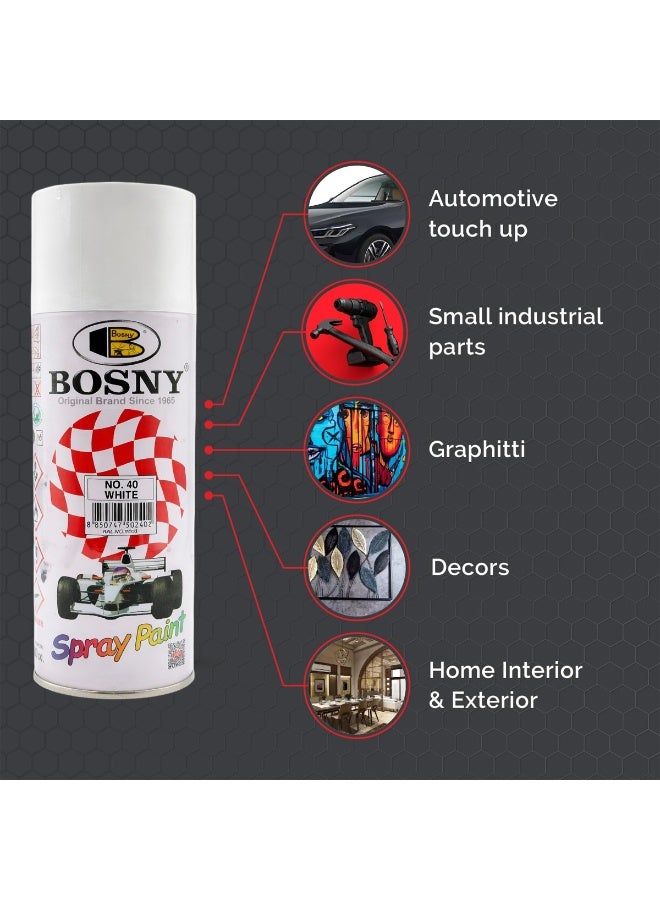 Bosny Combo 2 pcs Bosny No.40 White Spray Paint 400ml Aerosol Multi Surface High Gloss Spray Paint for Metal Wood Wall Glass Canvas Automotive Touch Up Quick Dry Durable White Paint for Furniture Home Interior Exterior DIY Projects - Image 3